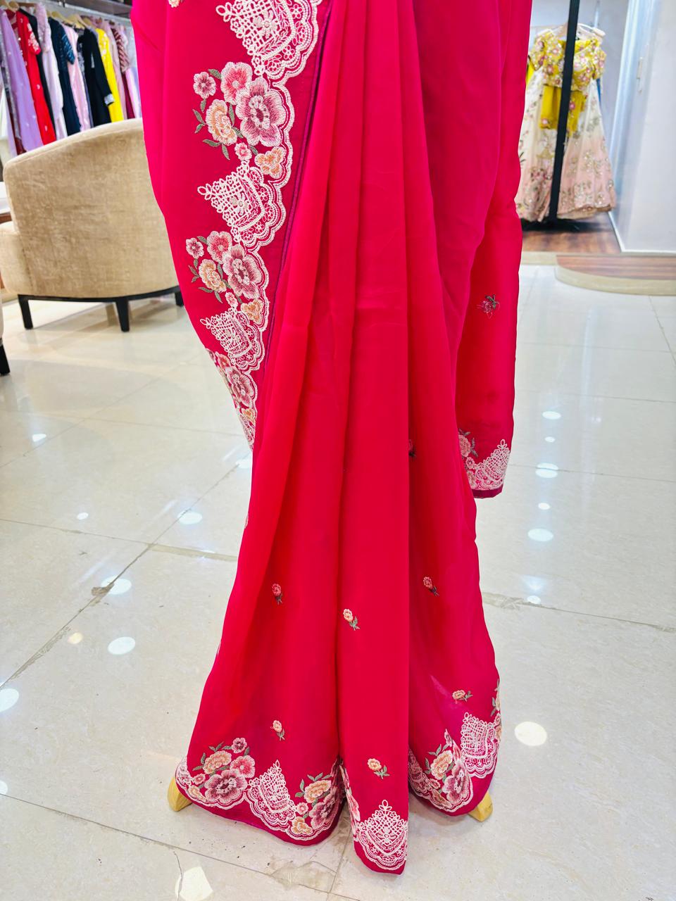 Dark Pink Embroidered Silk Saree