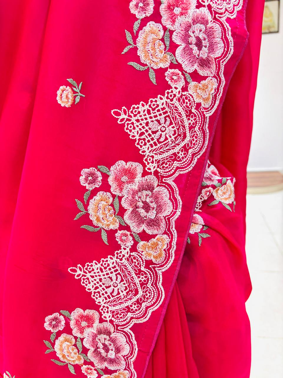 Dark Pink Embroidered Silk Saree