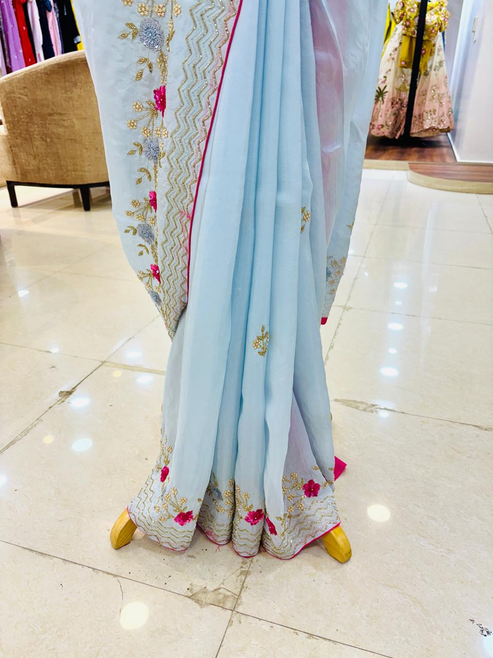 Light Blue Crepe Silk Hand Work Saree