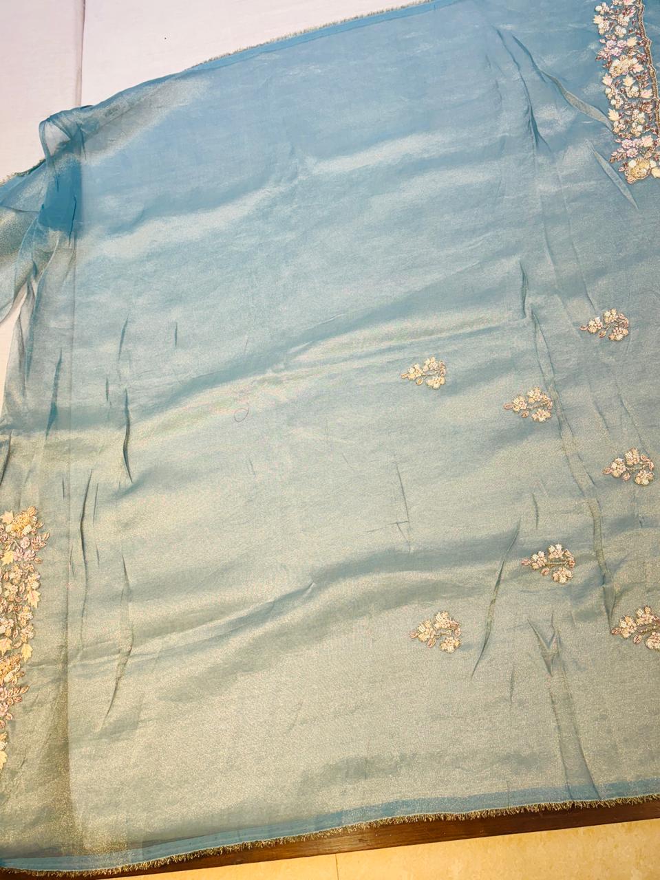 Light Grey Tissue Silk Hand Work Saree