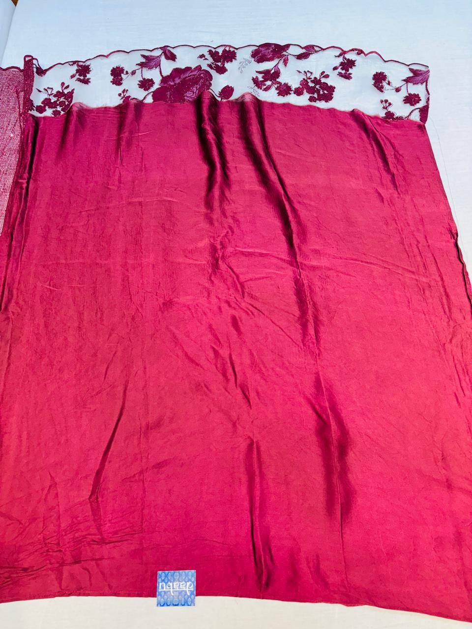 Red Brasso Tissue Organza With Sequince Pleats Saree