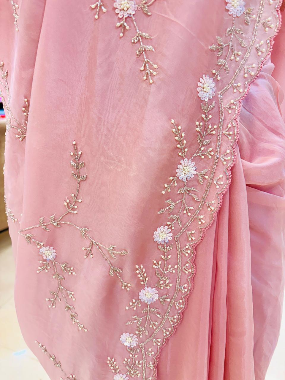 Light Pink Hand Embellished Designer Saree