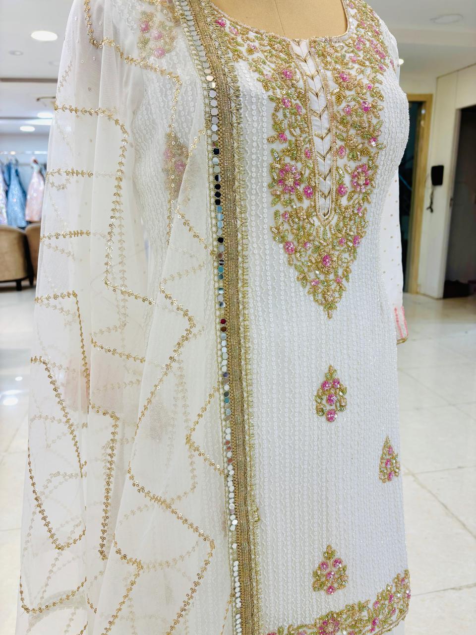 White Hand Work Sequinned Kurti Paired With Sharara