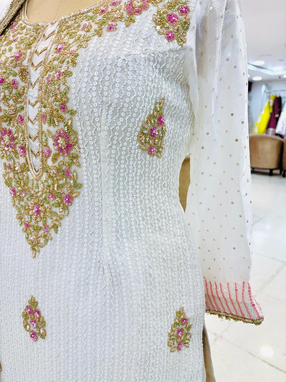 White Hand Work Sequinned Kurti Paired With Sharara