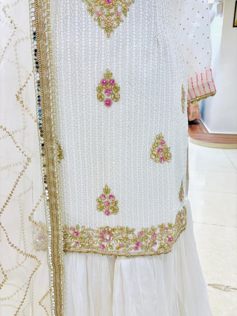 White Hand Work Sequinned Kurti Paired With Sharara