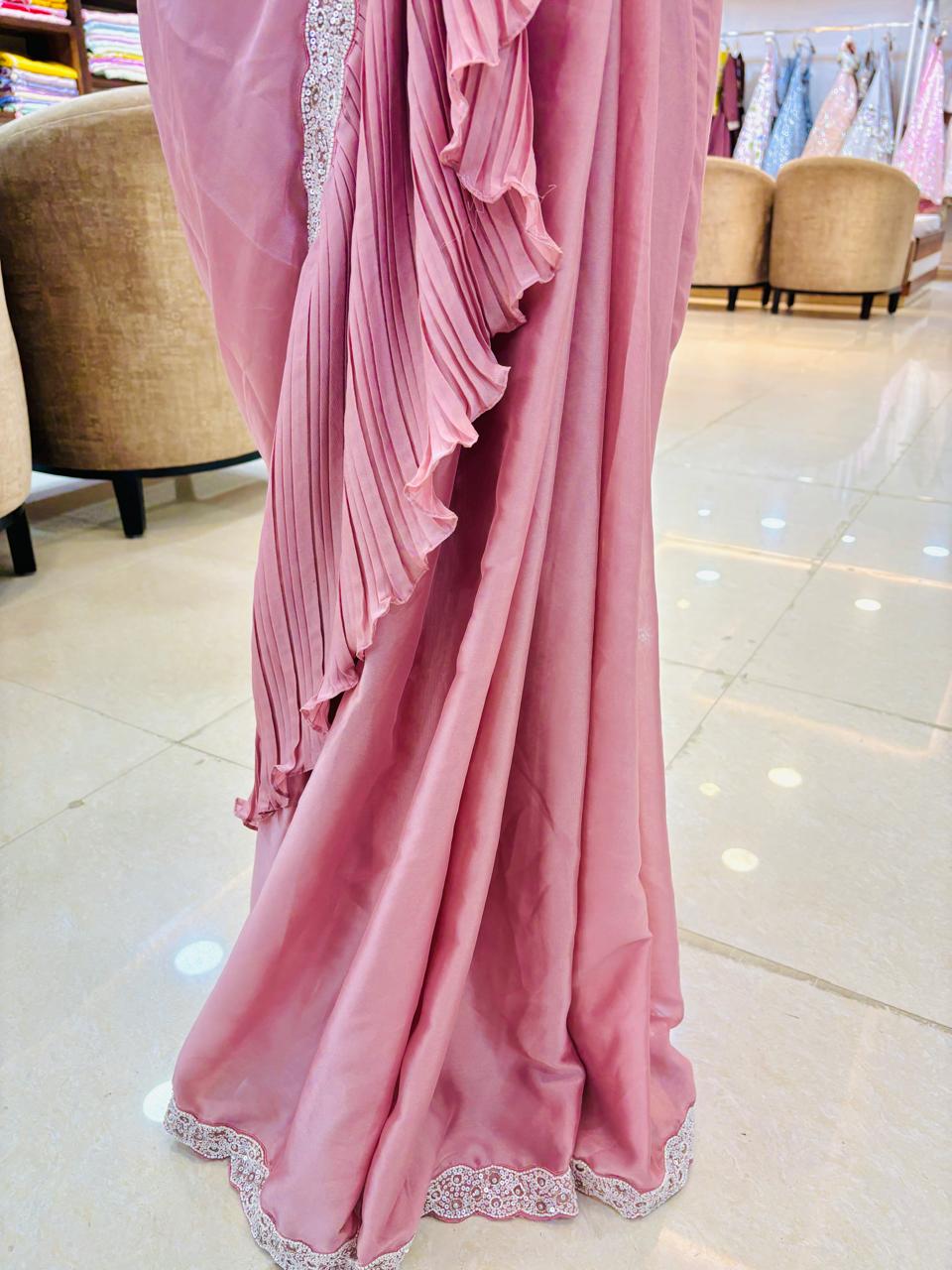 Light Peach Ready Pleated Frill Saree With Heavy Bead Work Blouse