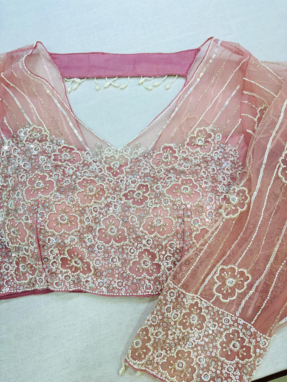 Light Peach Ready Pleated Frill Saree With Heavy Bead Work Blouse