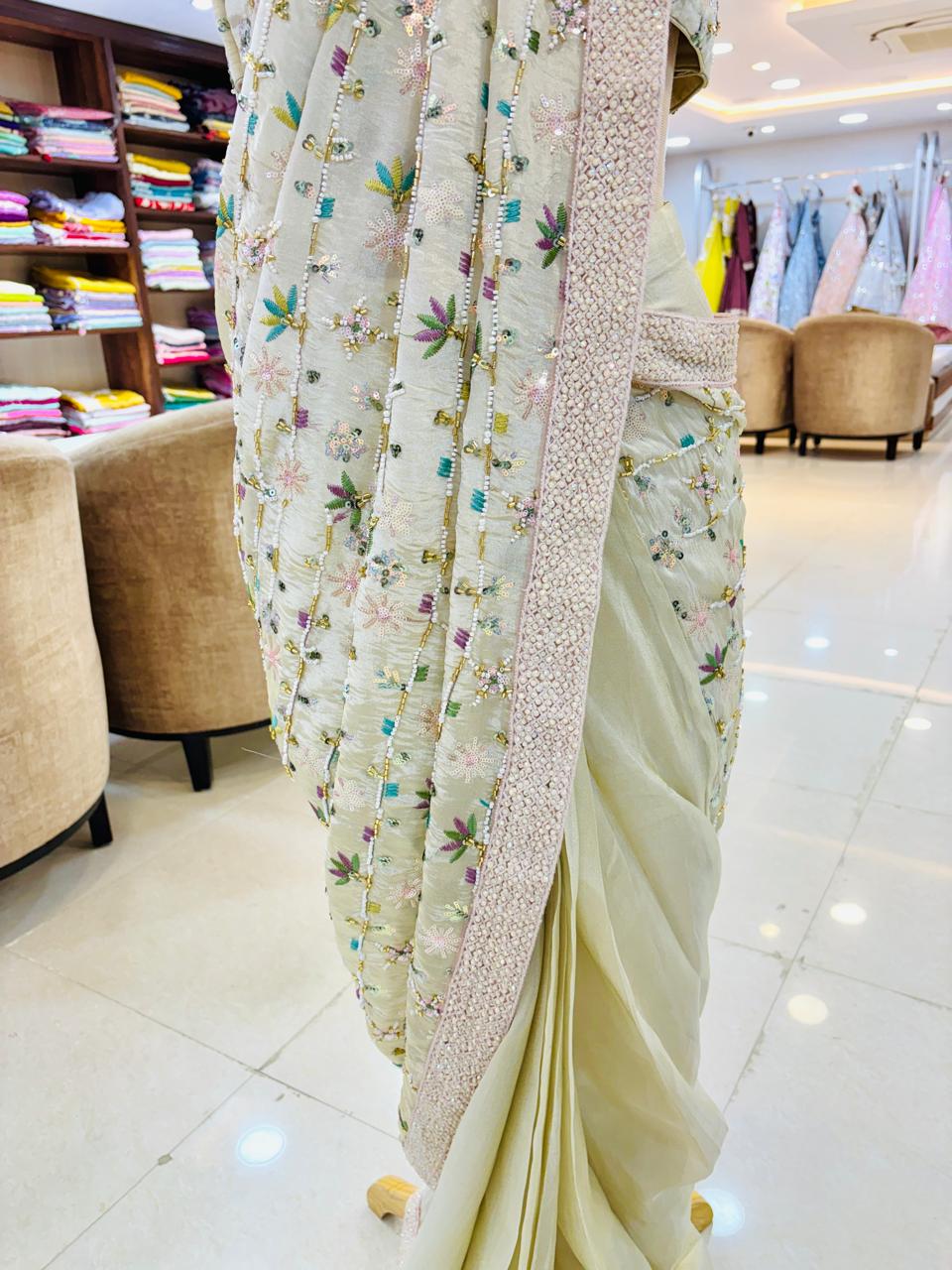 Off White Ready Pleated Saree With Heavy Bead Work Blouse