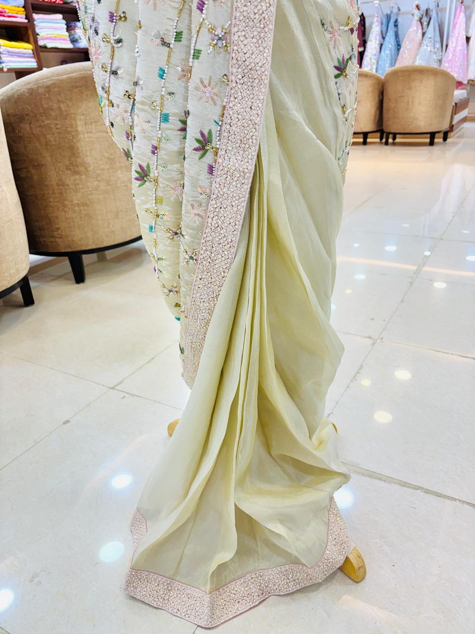 Off White Ready Pleated Saree With Heavy Bead Work Blouse