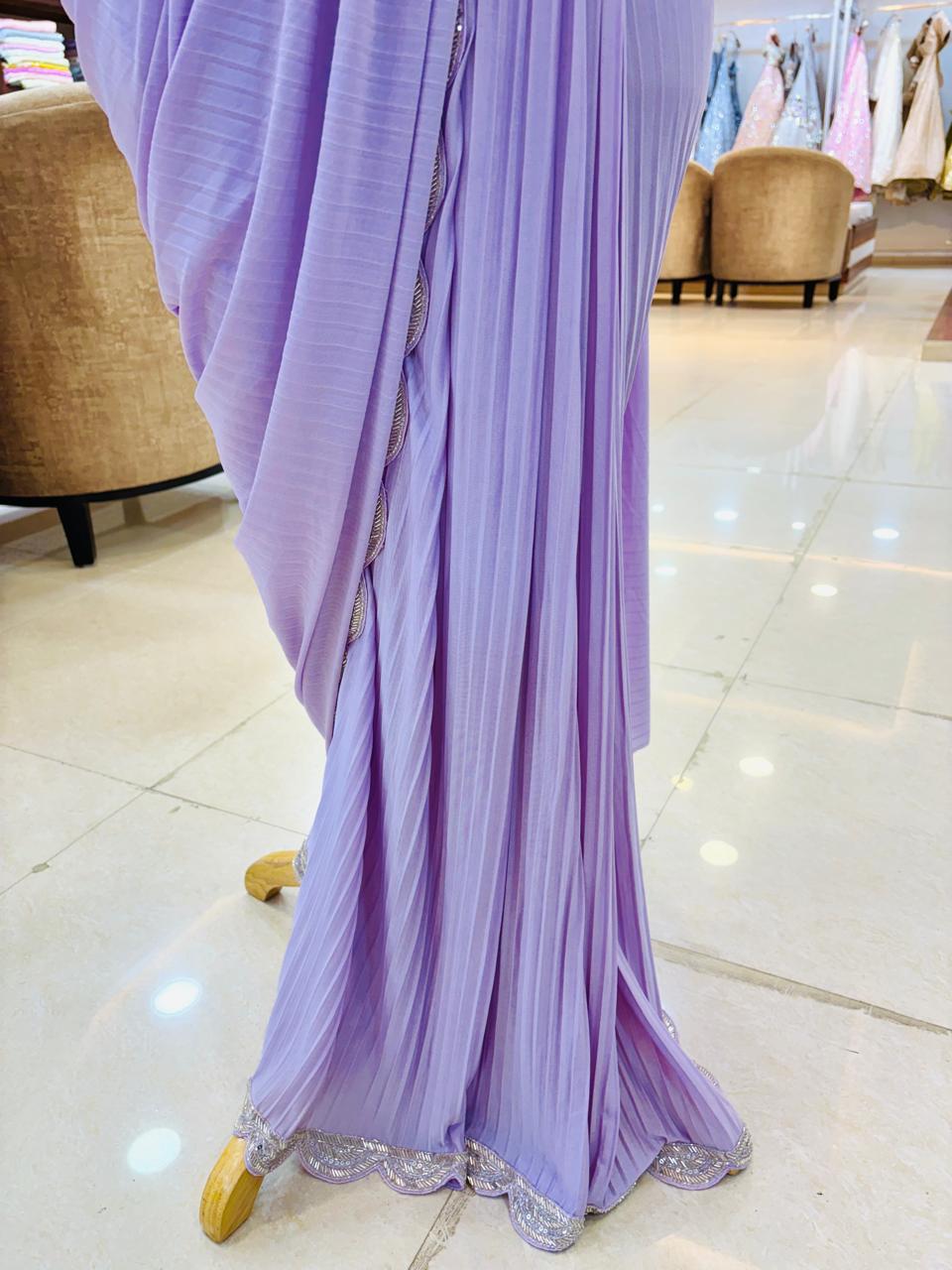 Lilac Ready Pleated Frill Saree With Sequince Blouse