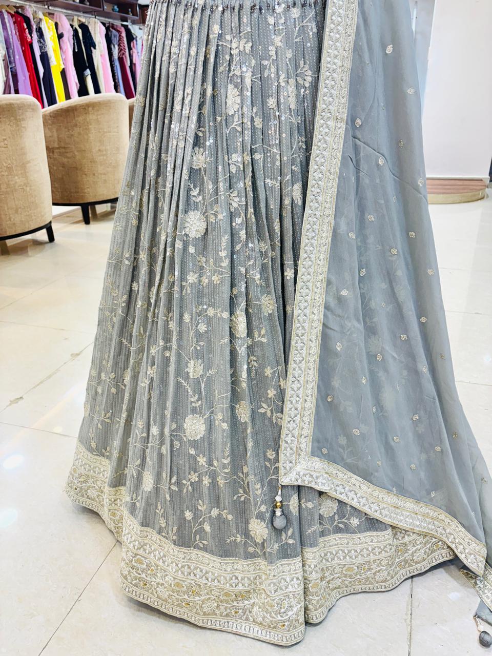 Grey Georgette Sequinned Designer Lehenga