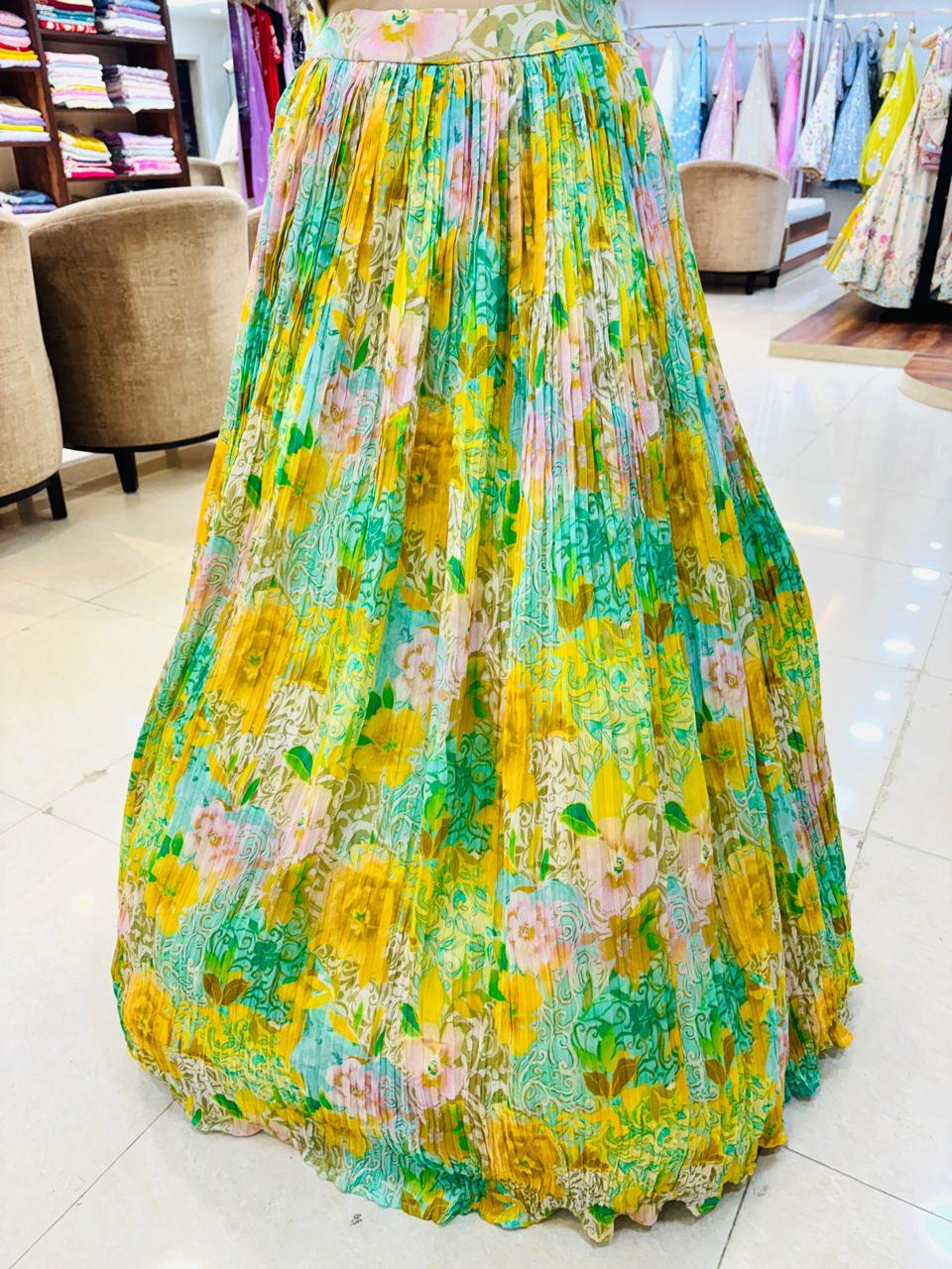 Green Floral Print Lehenga With Designer Jacket