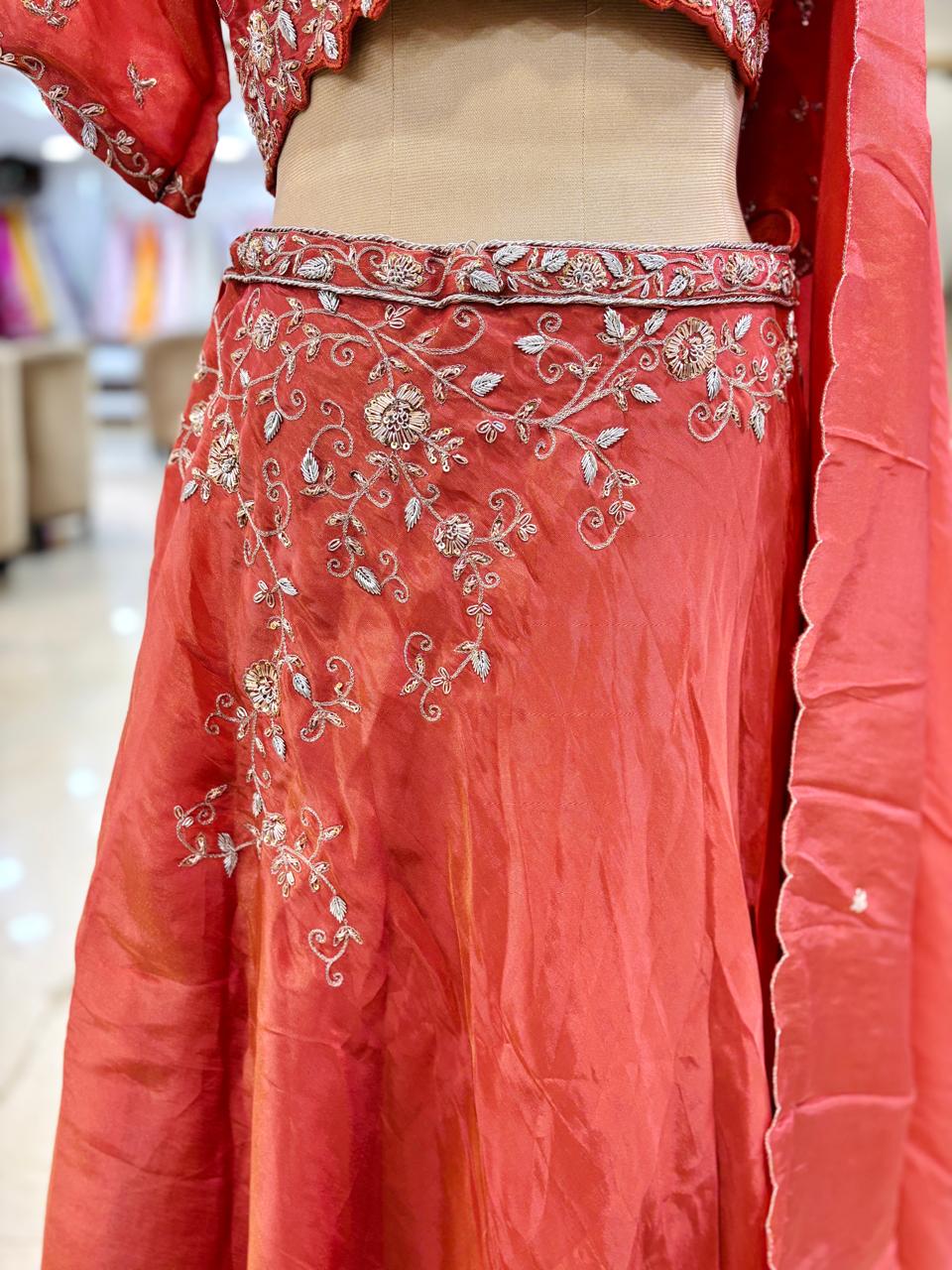 Rust Color Embroidered Lehenga Set