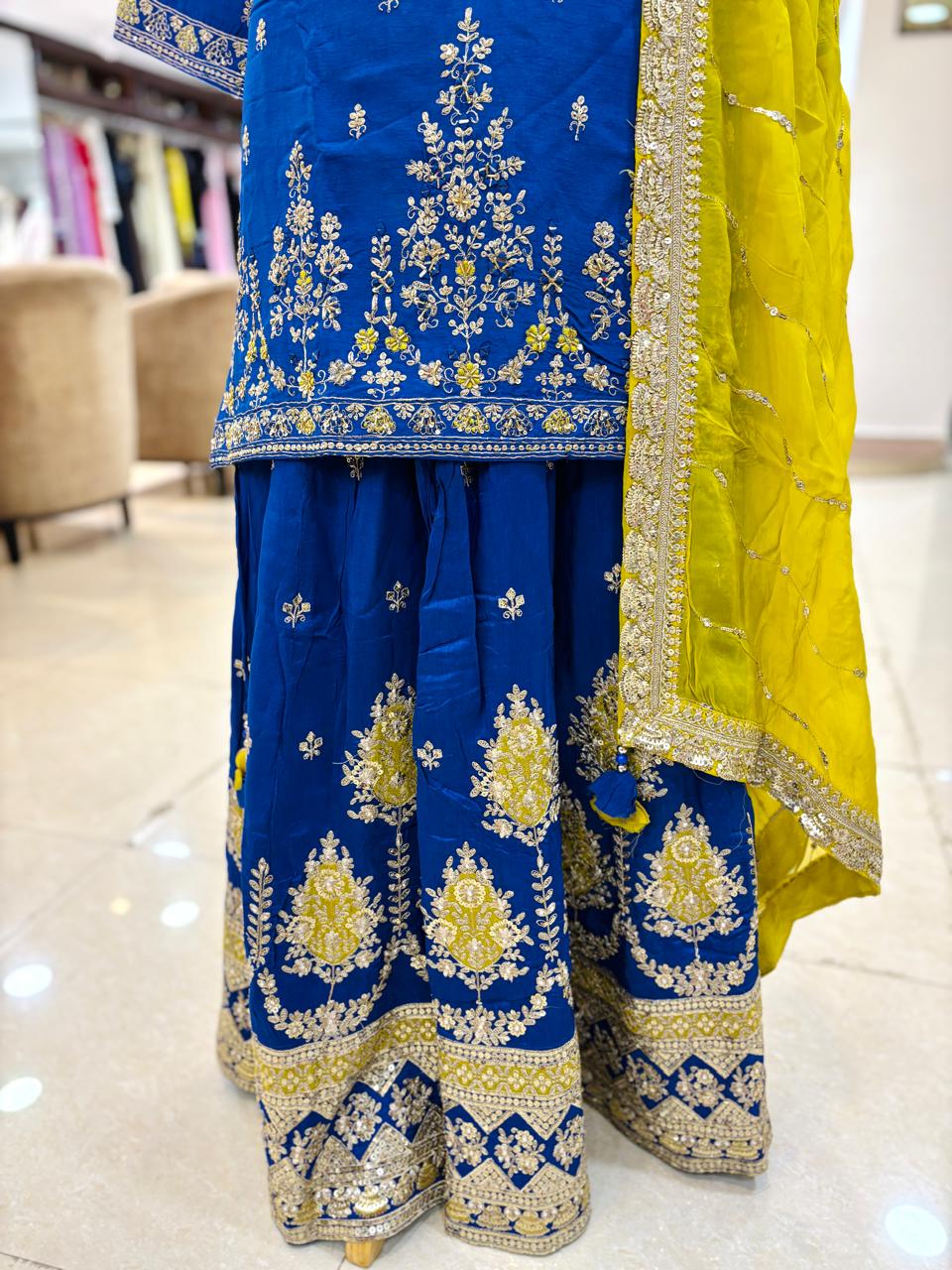 Royal Blue Hand Embroidered Sharara Suit Set