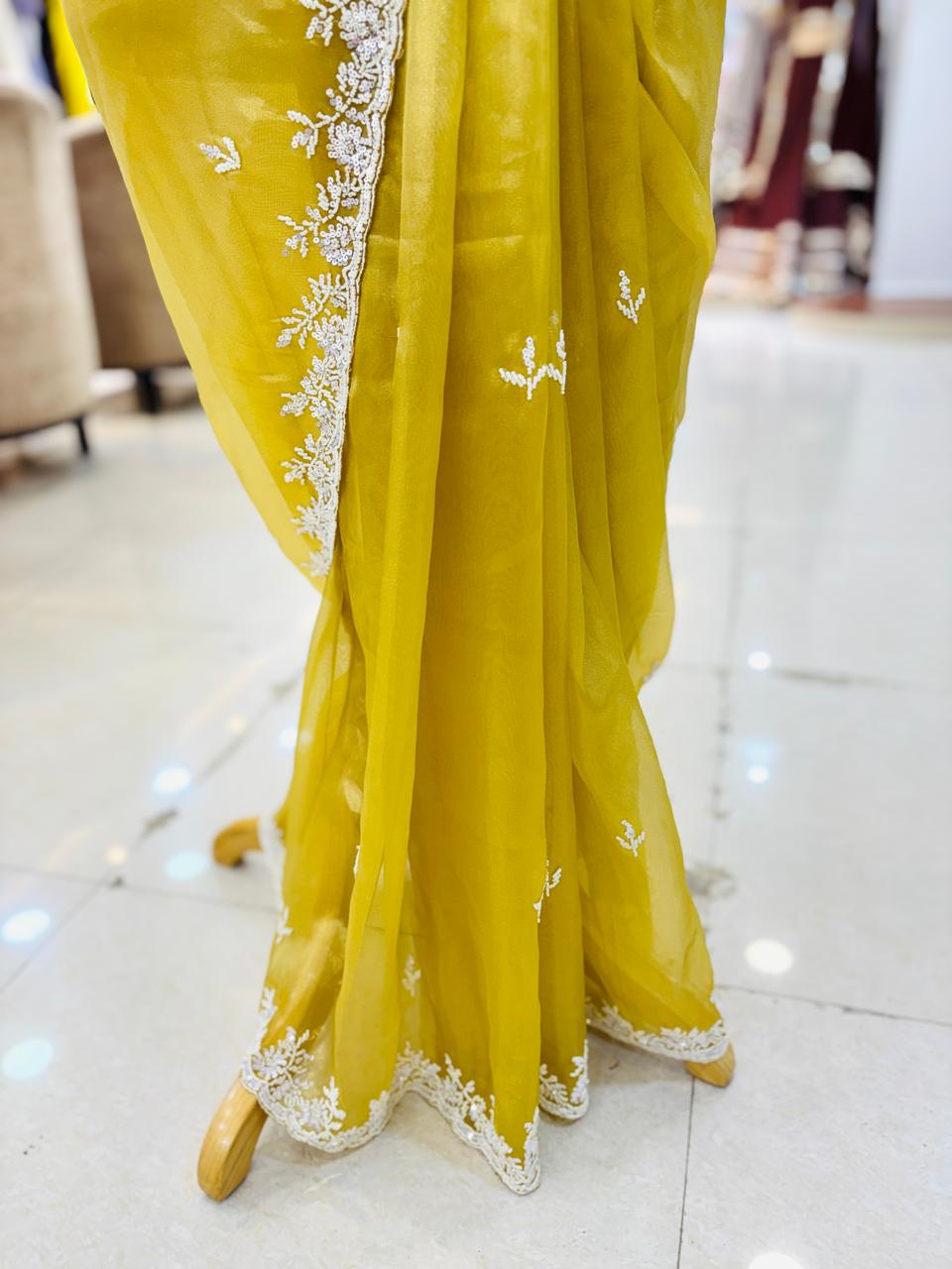 Yellow Tissue Organza Designer Saree