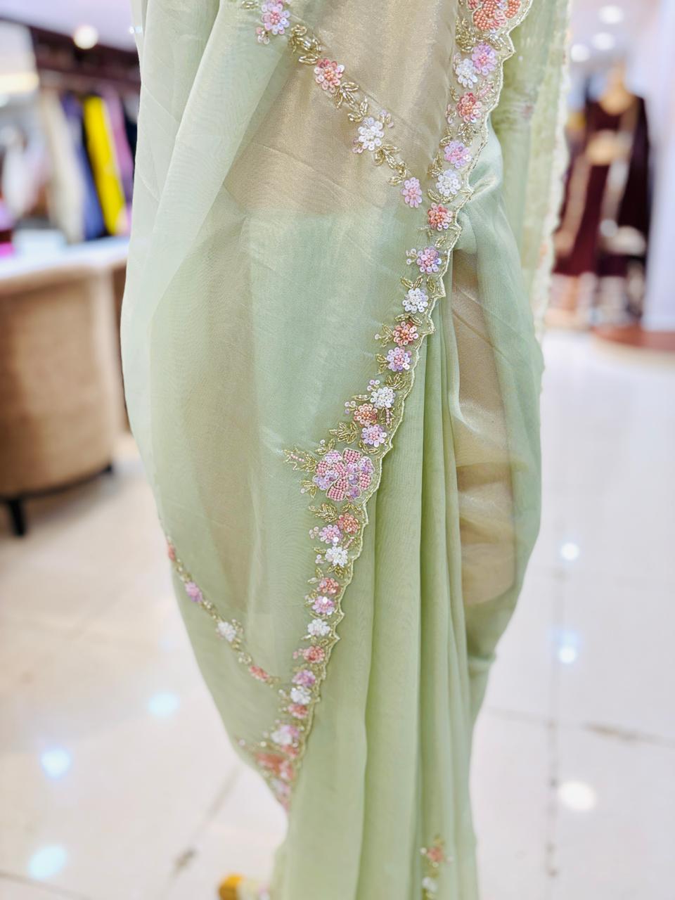 Green Tissue Organza Handwork Designer Saree