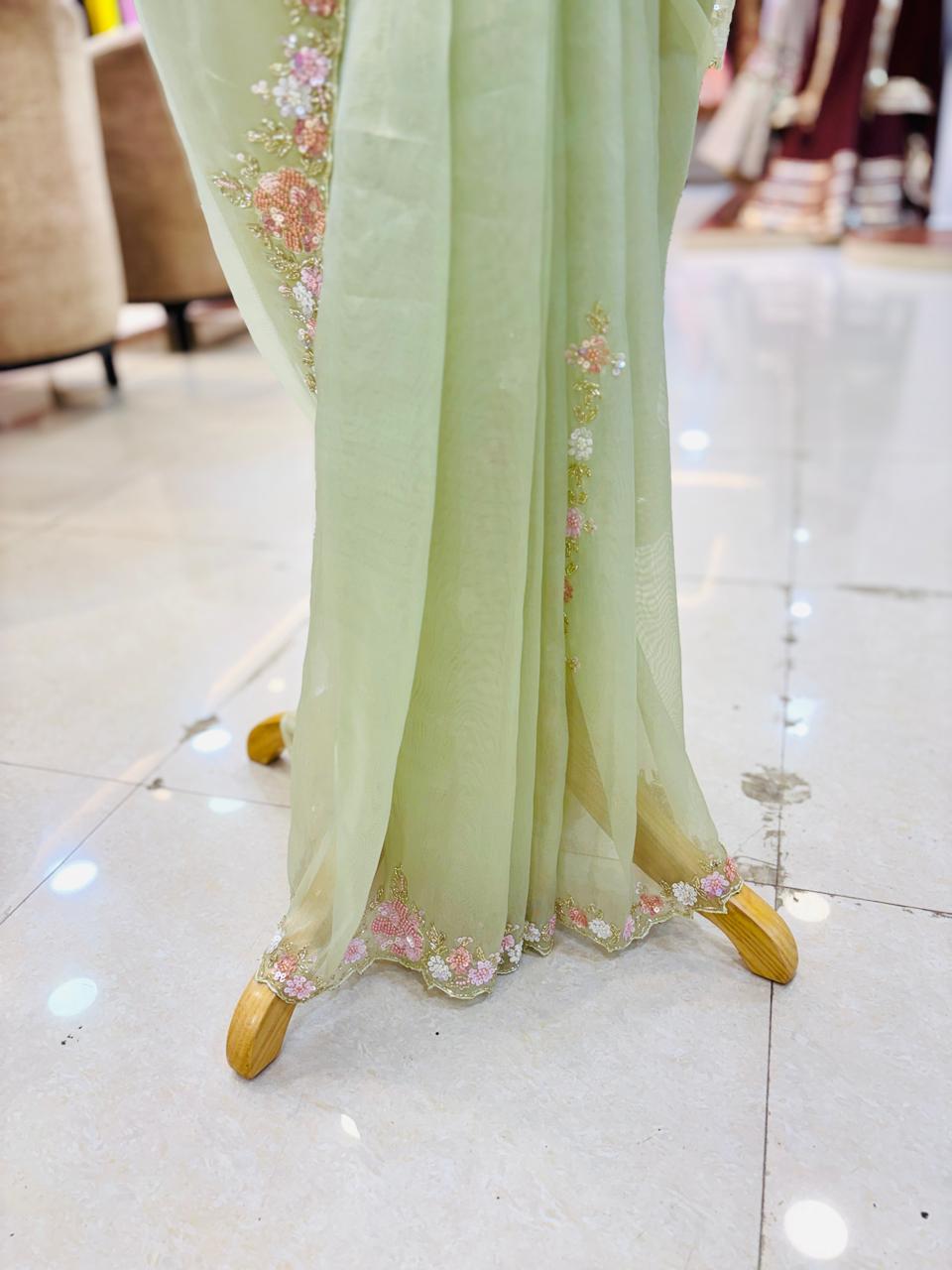 Green Tissue Organza Handwork Designer Saree