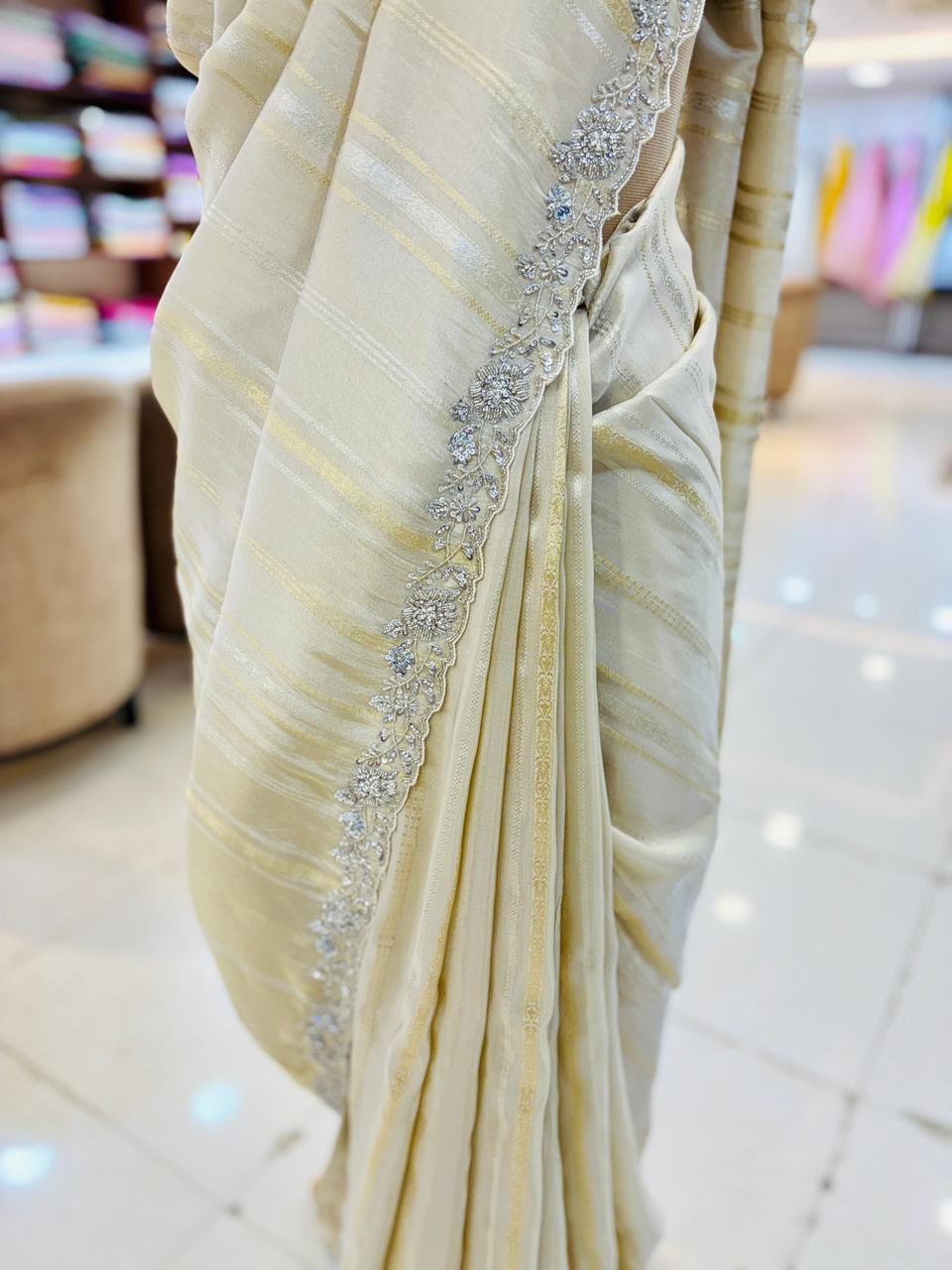 Cream Chinnon Silk Zari Weaving Saree