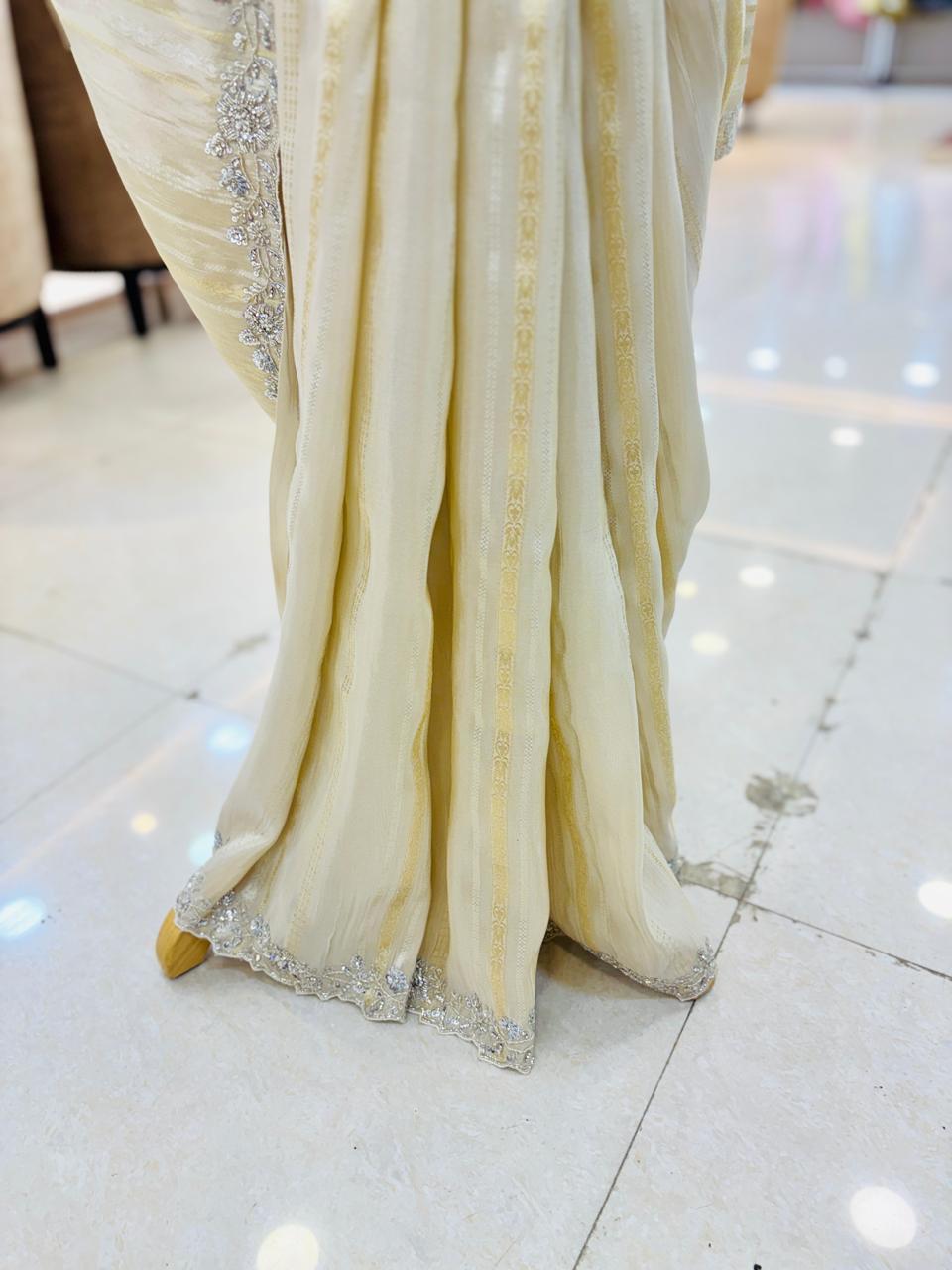 Cream Chinnon Silk Zari Weaving Saree