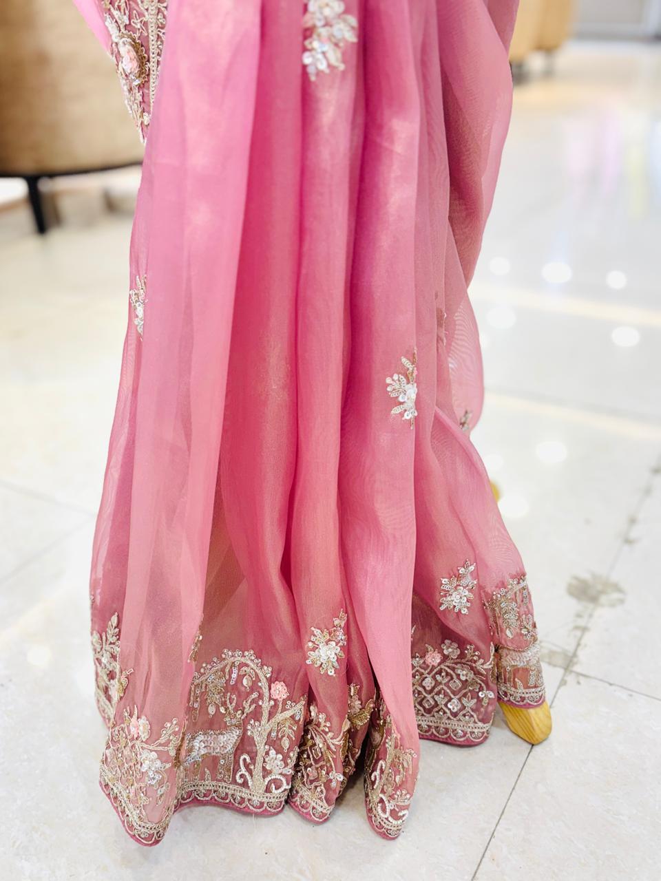 Light Pink Tissue Organza Designer Saree