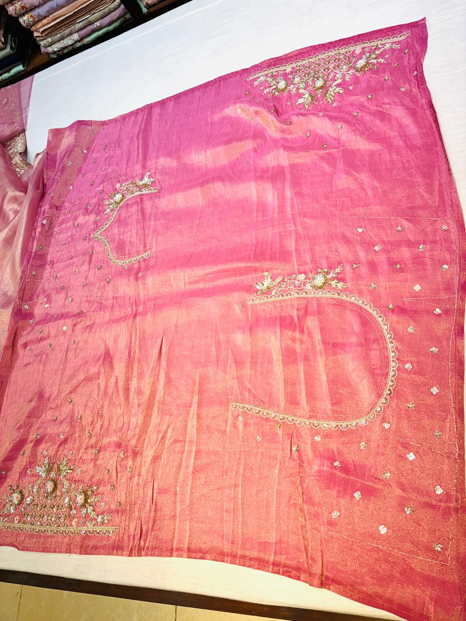 Light Pink Tissue Organza Designer Saree