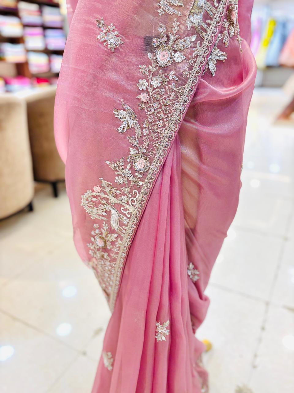 Light Pink Tissue Organza Designer Saree