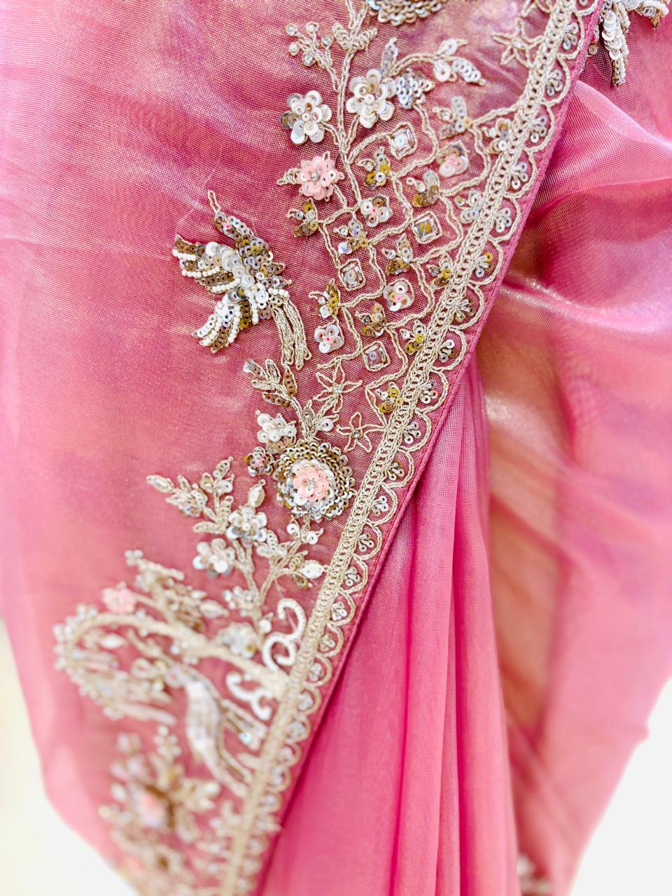 Light Pink Tissue Organza Designer Saree