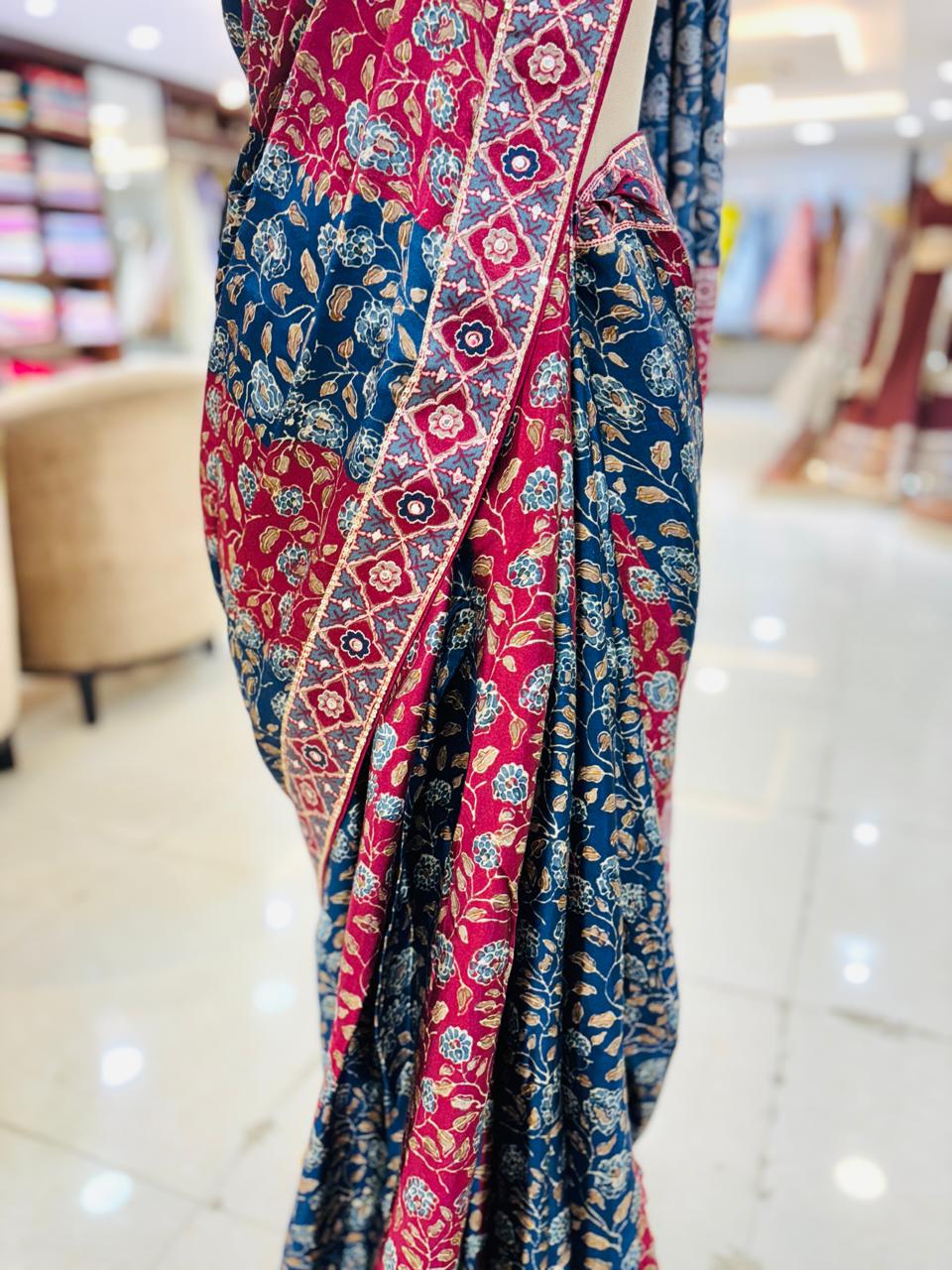 Red & Blue Ajrakh Print Muslin Silk Saree