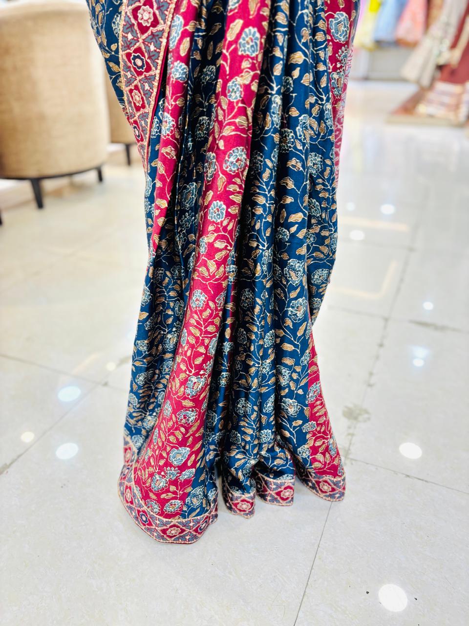 Red & Blue Ajrakh Print Muslin Silk Saree