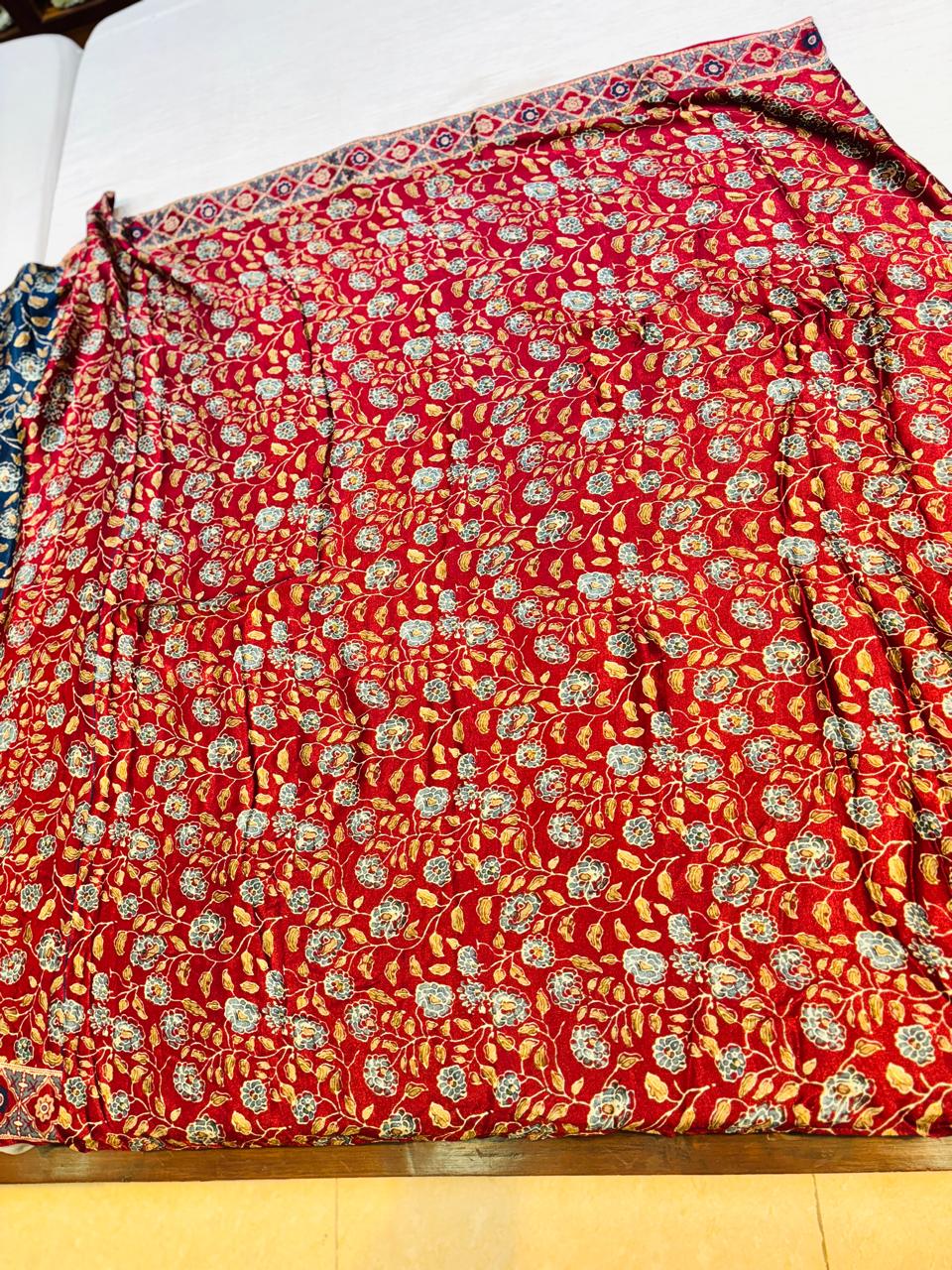 Red & Blue Ajrakh Print Muslin Silk Saree