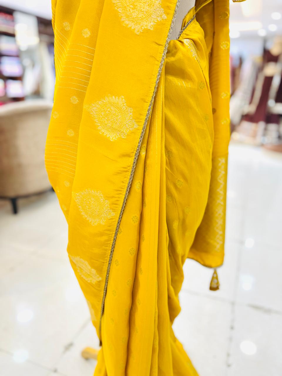 Yellow Banarasi Silk Saree With Readymade Blouse