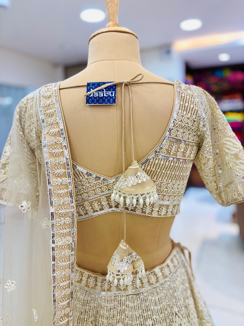 Beige Net Embroidered Lehenga With Resham Work and Readymade Blouse