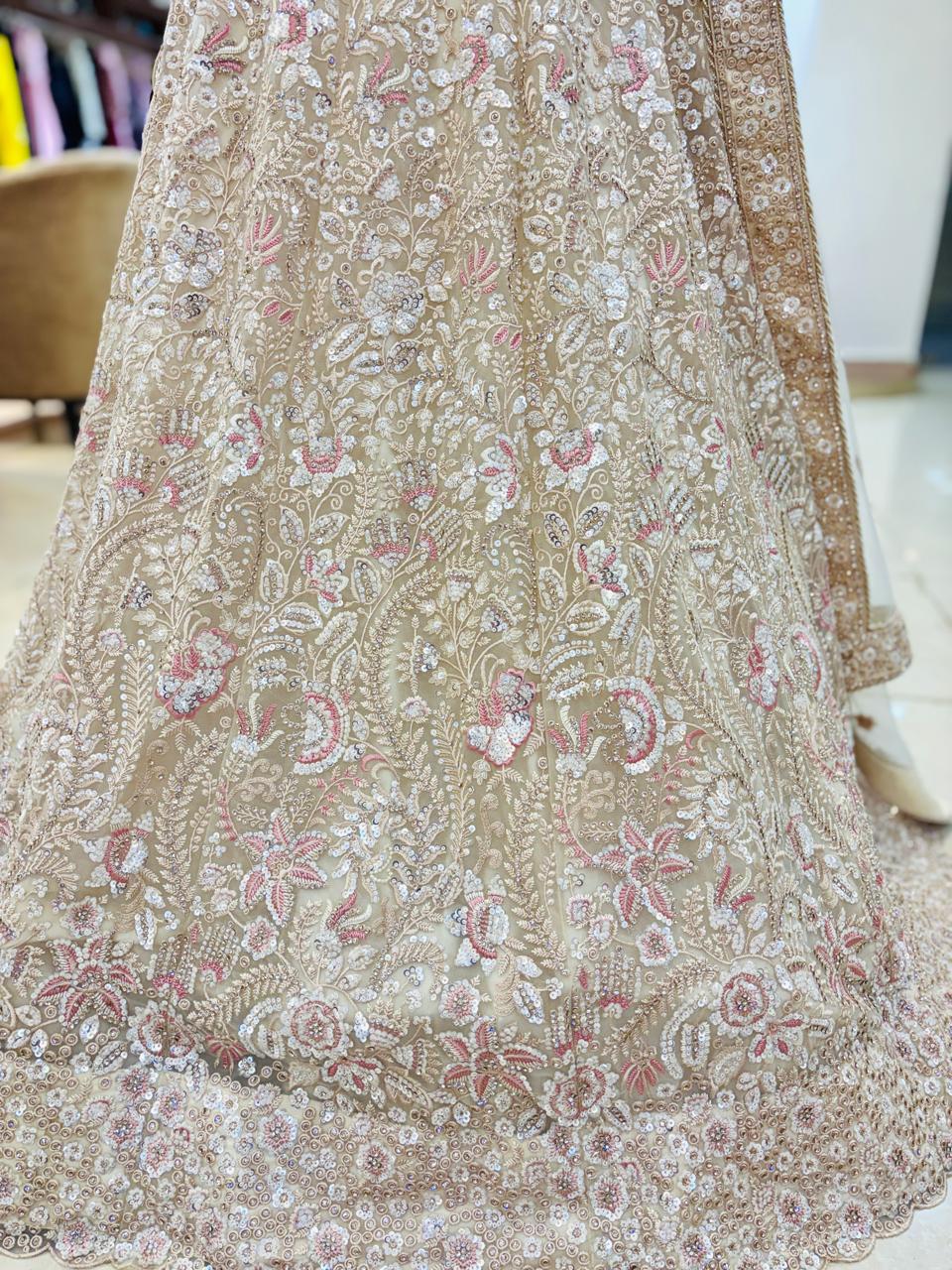 Ivory Net Designer Lehenga With Resham Work and Readymade Blouse