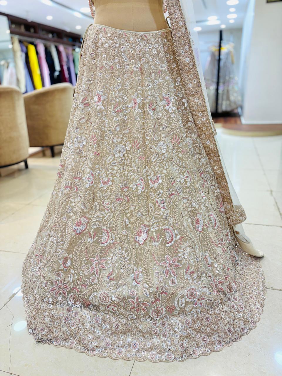 Ivory Net Designer Lehenga With Resham Work and Readymade Blouse