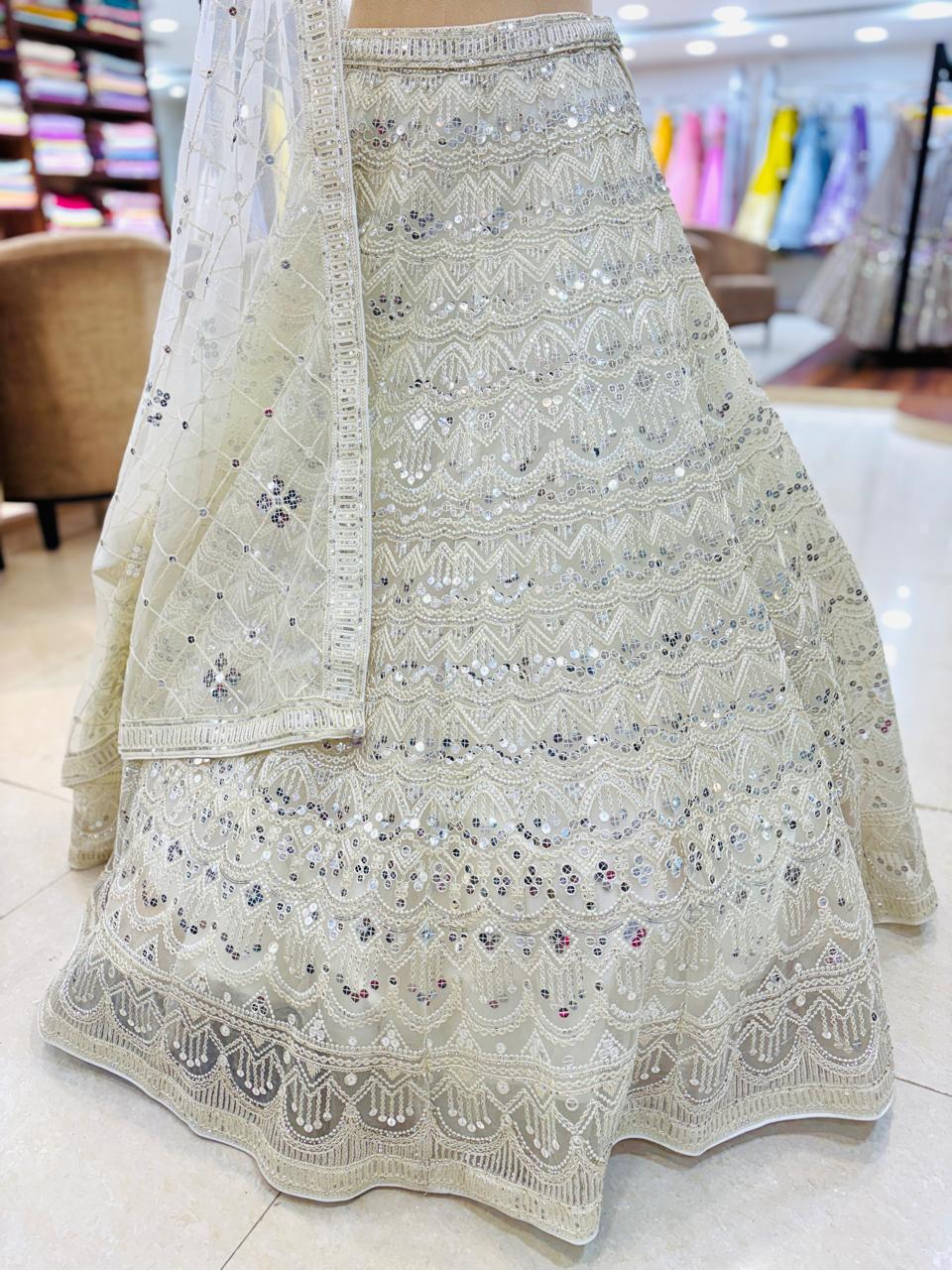 White Net Designer Lehenga With Resham Work and Readymade Blouse