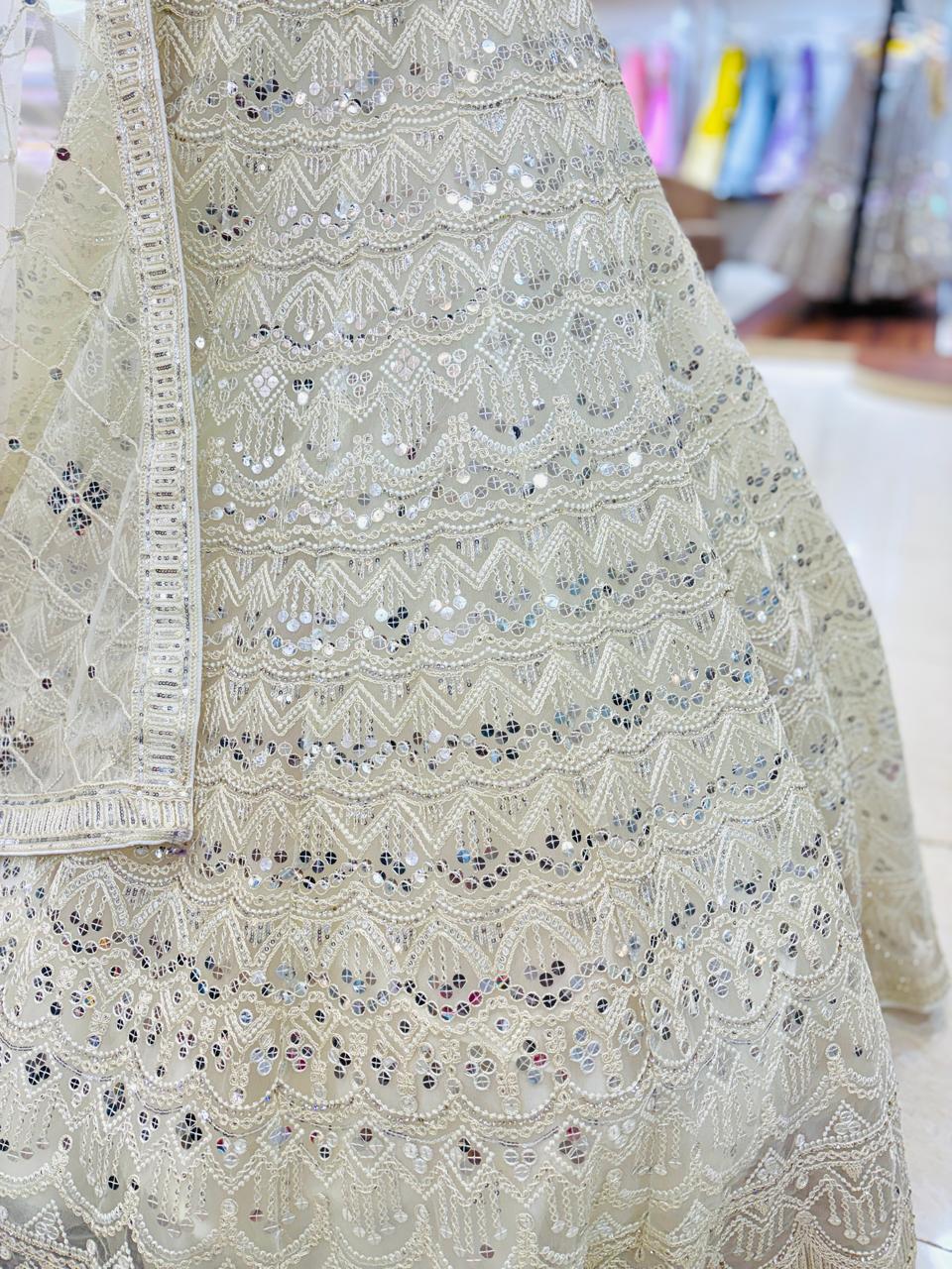 White Net Designer Lehenga With Resham Work and Readymade Blouse