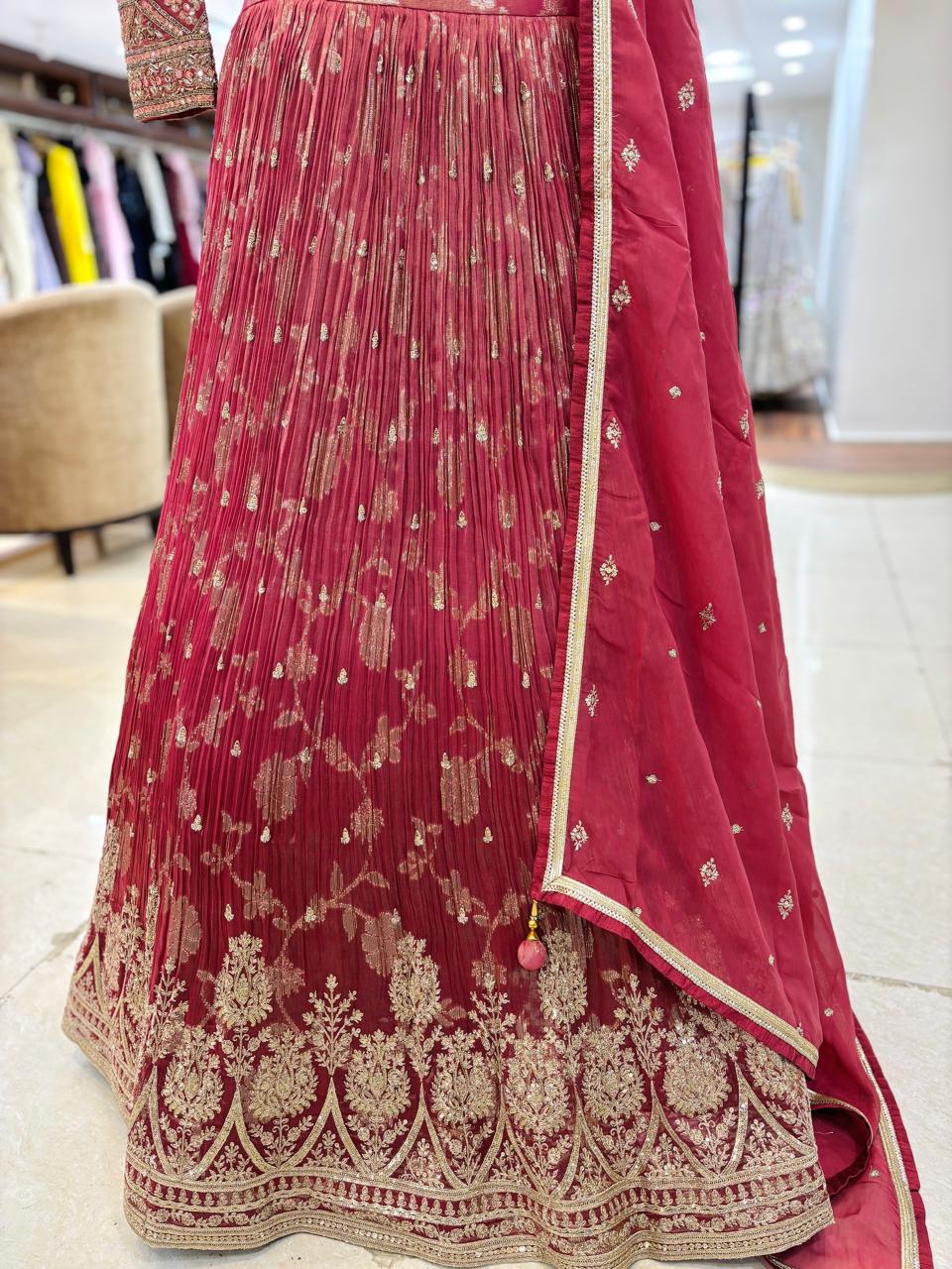 Pink and Gold Dual Tone Gathered Style Lehenga With Readymade Blouse