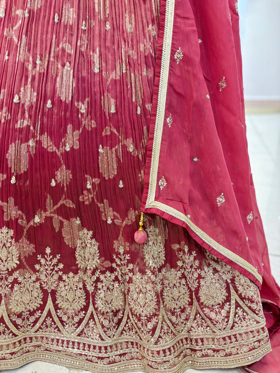 Pink and Gold Dual Tone Gathered Style Lehenga With Readymade Blouse