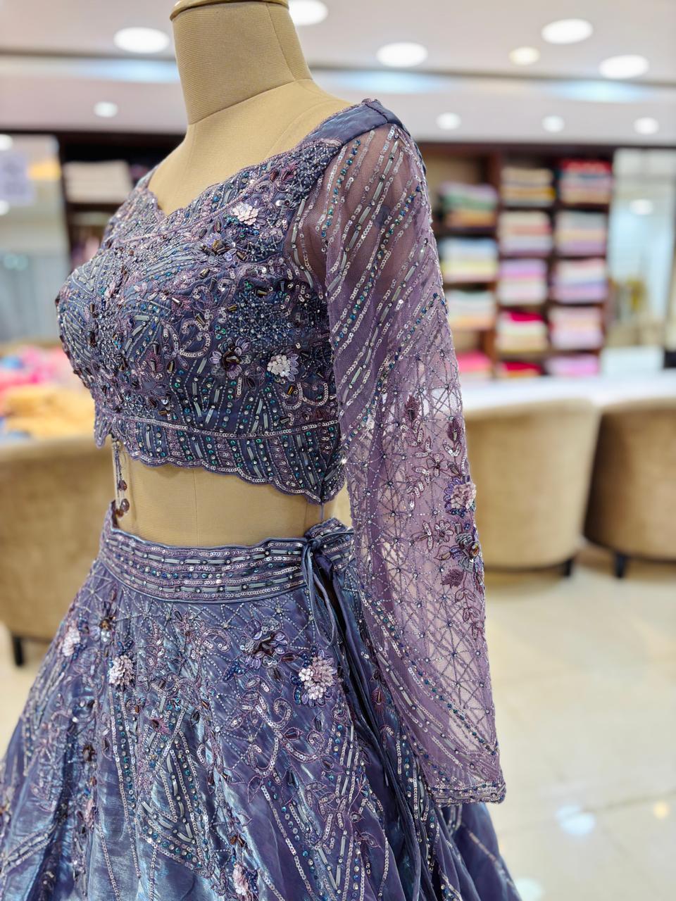 Purple Tissue Designer Lehenga With Readymade Blouse