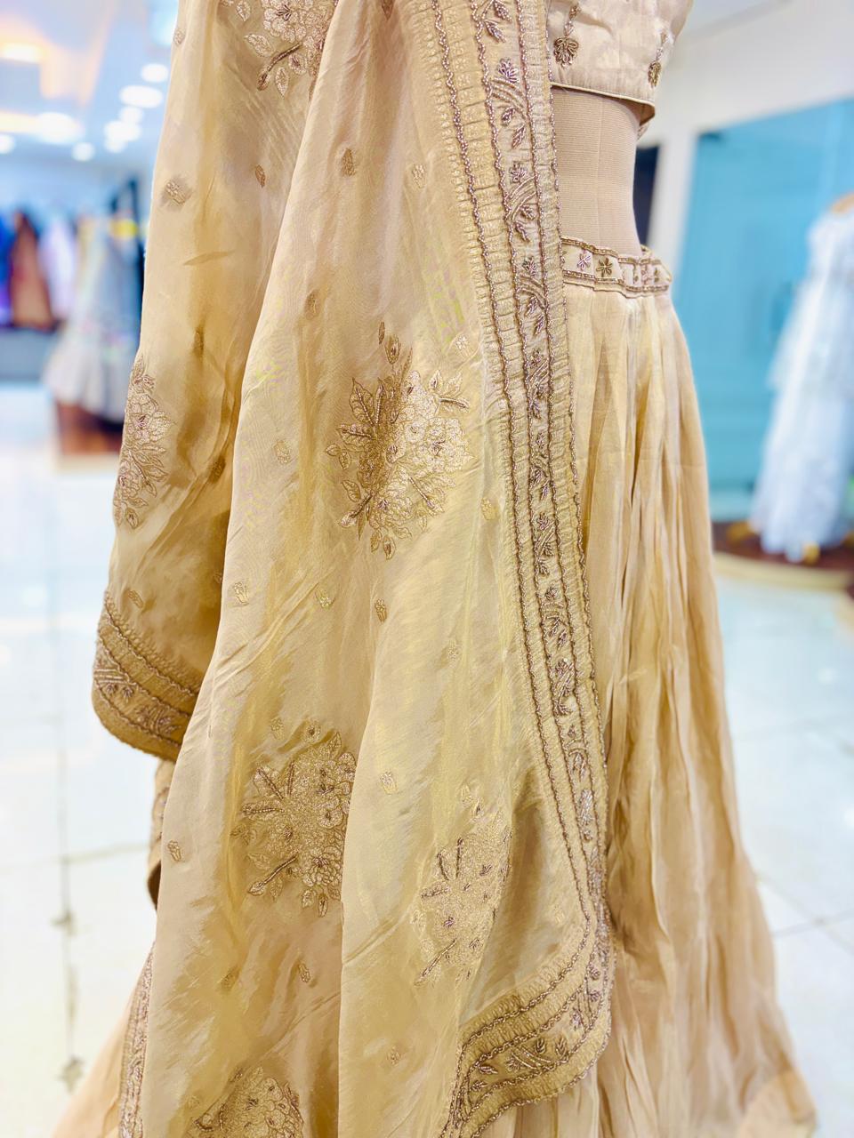 Beige Chinnon Silk Hand Work Designer Lehenga