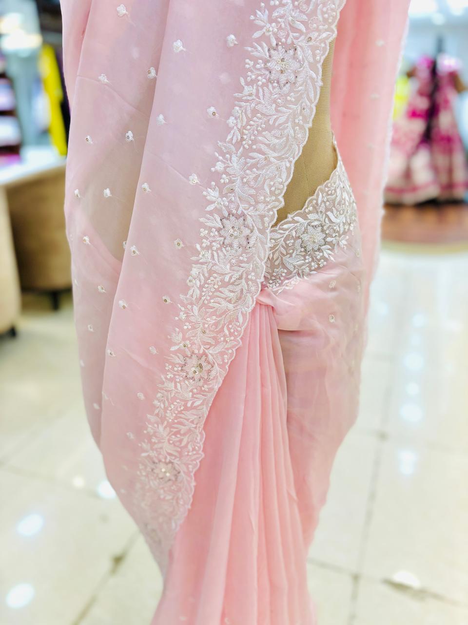 Light Pink Tissue Silk Thread Embroidery Saree