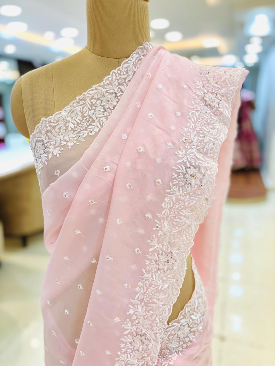 Light Pink Tissue Silk Thread Embroidery Saree