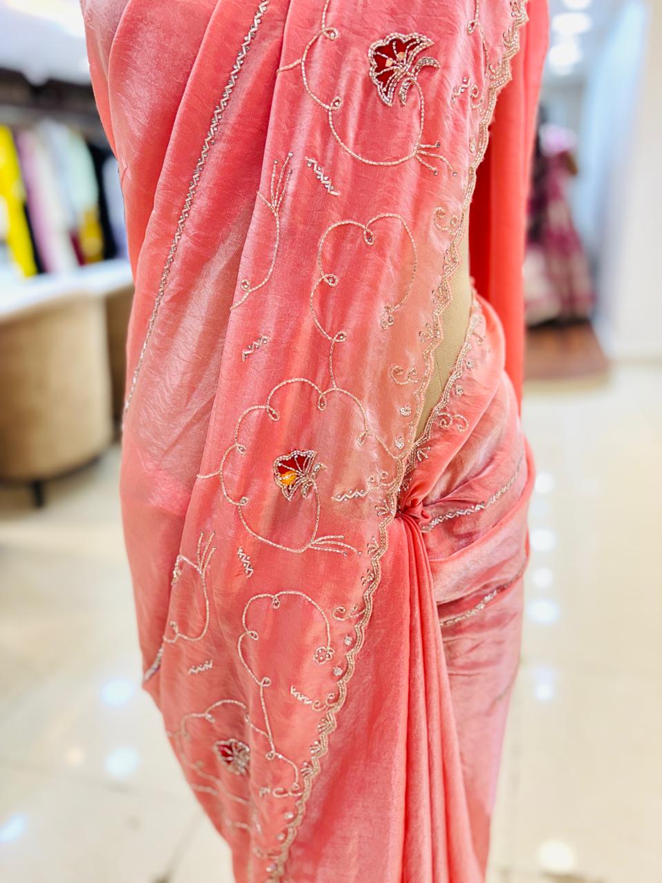 Light Peach Tissue SIlk Hand Embellished Saree