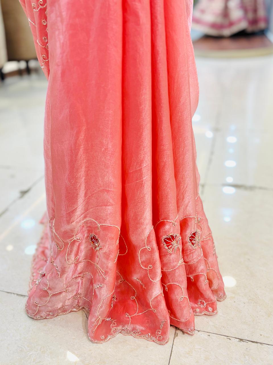 Light Peach Tissue SIlk Hand Embellished Saree