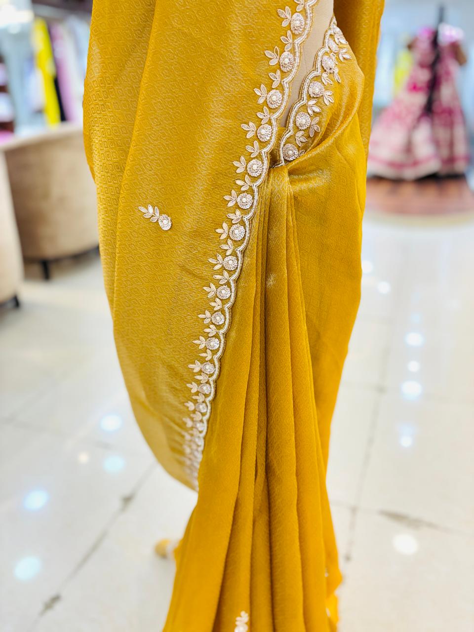 Yellow Crepe Digital Tissue Designer Saree