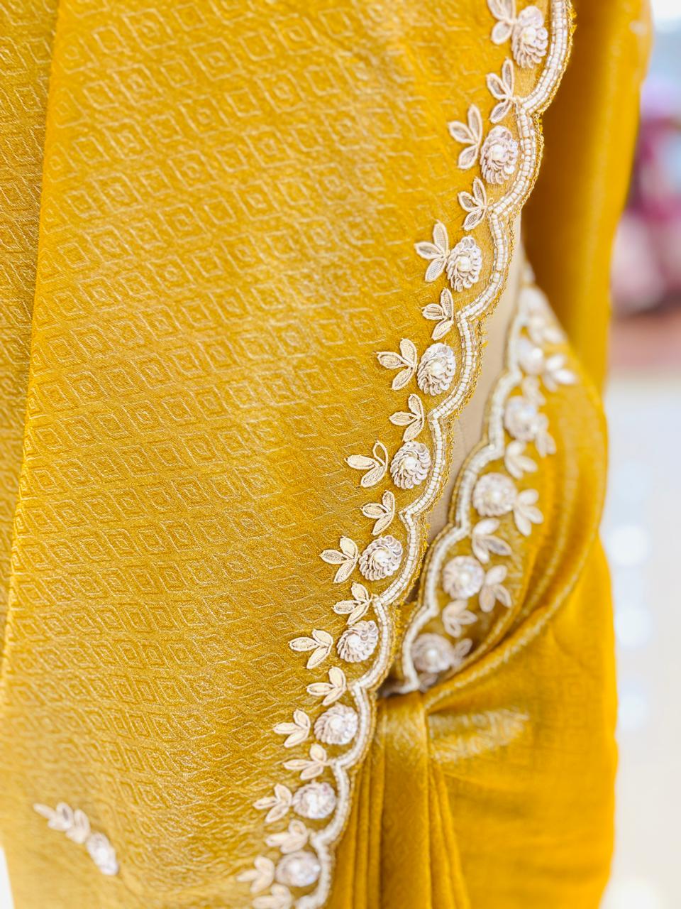 Yellow Crepe Digital Tissue Designer Saree