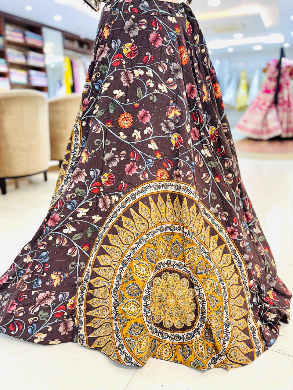 Brown Printed Indo Western Lehenga With Poncho