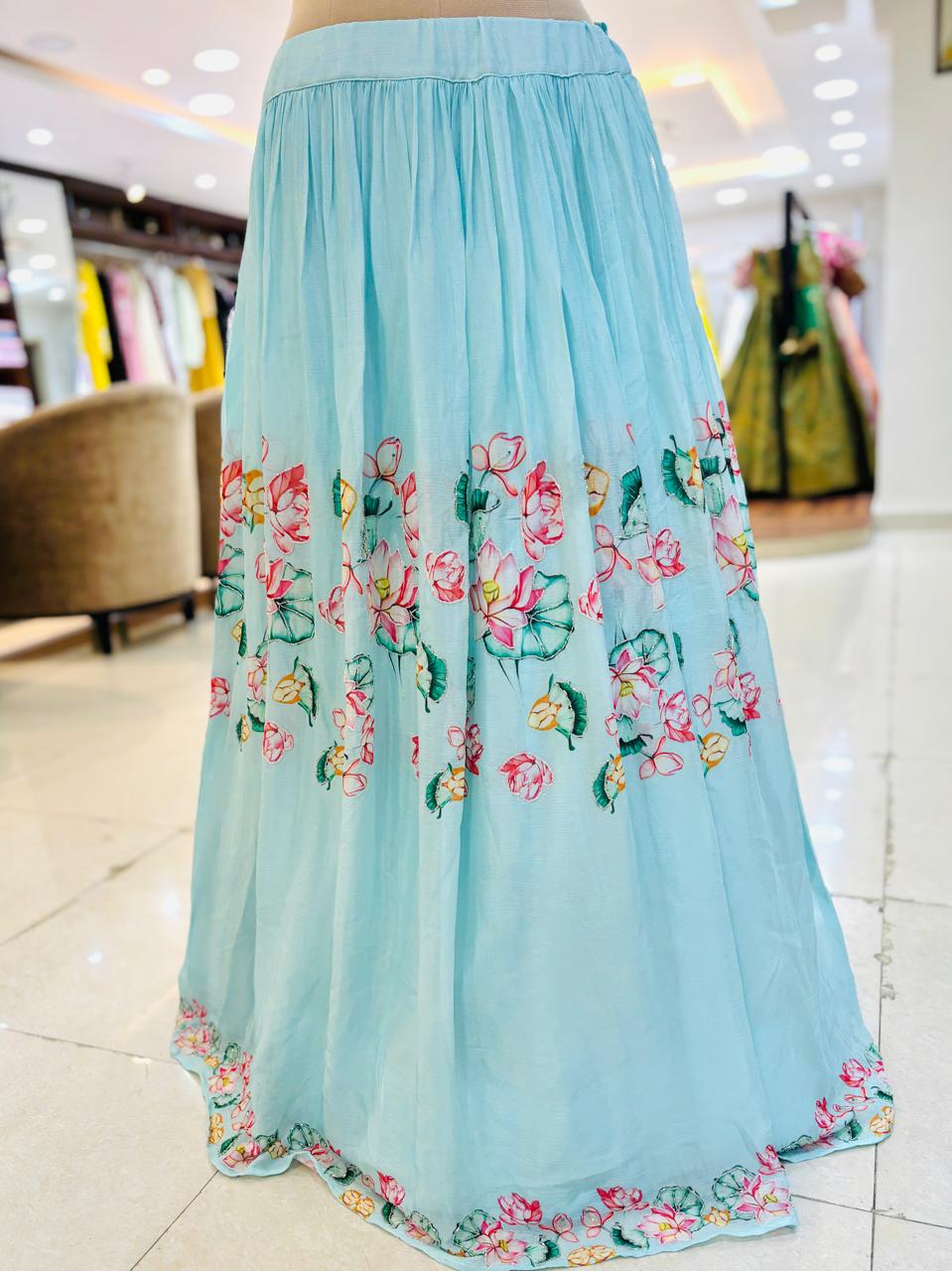 Sky Blue Hand Painted Chinnon Designer Lehenga