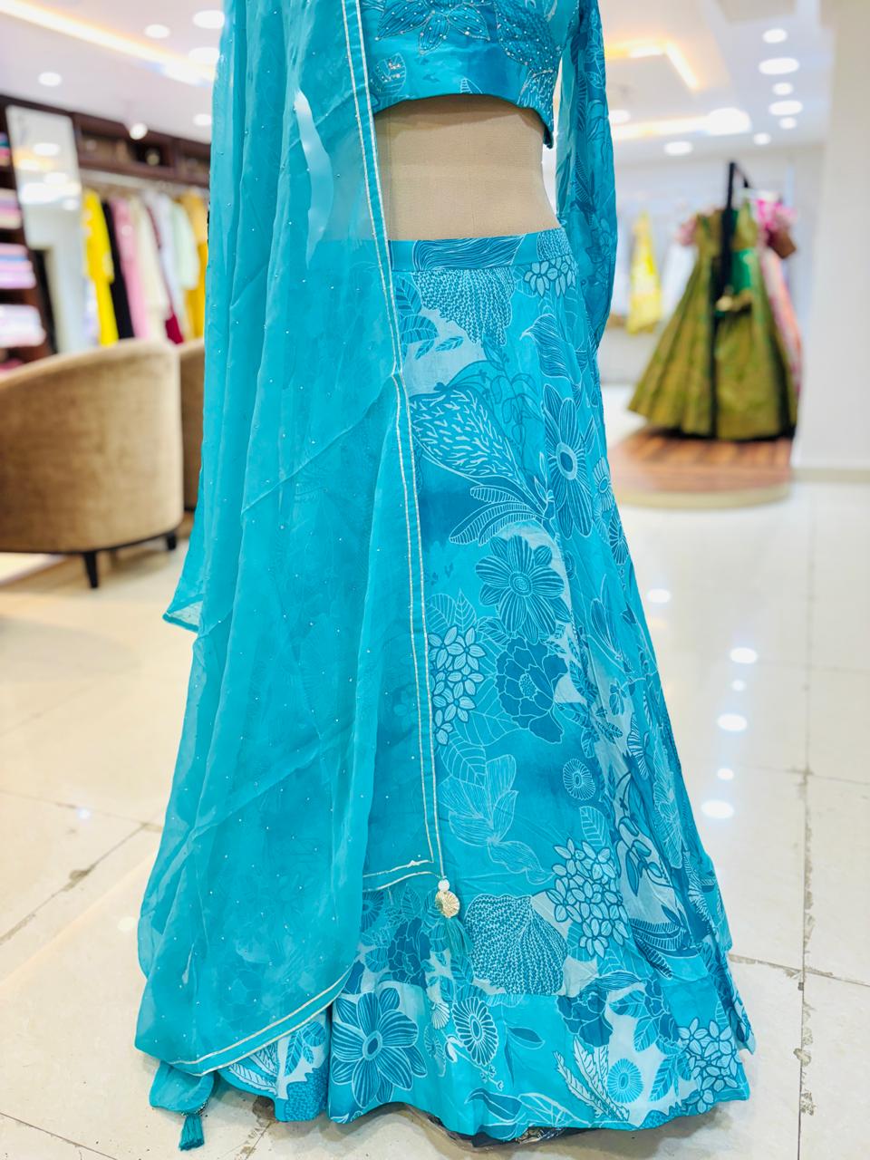 Sea Green Printed Chiffon Readymade Lehenga