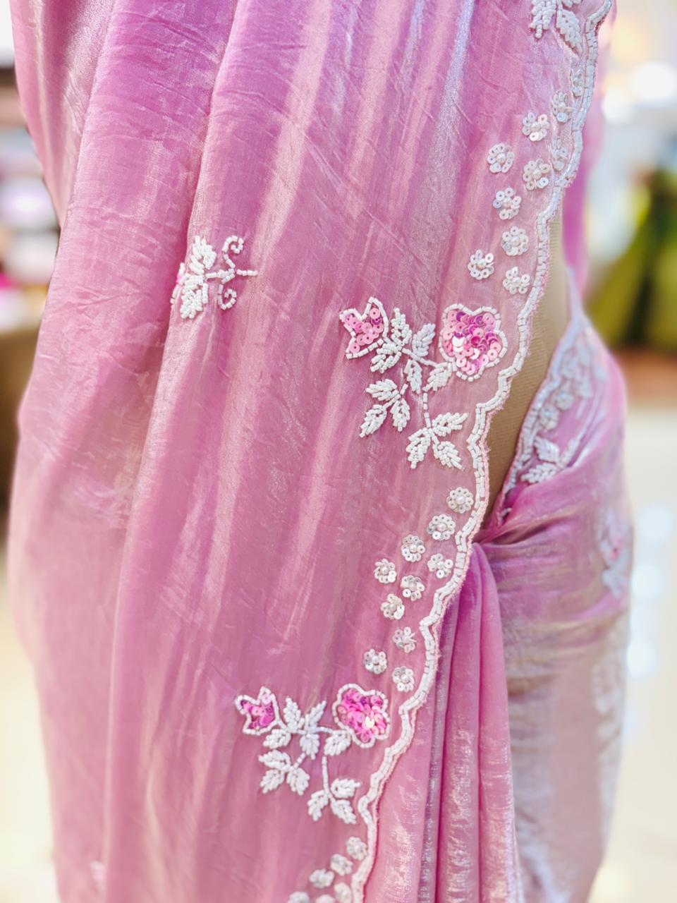 Light Pink Tissue SIlk Hand Embellished Saree